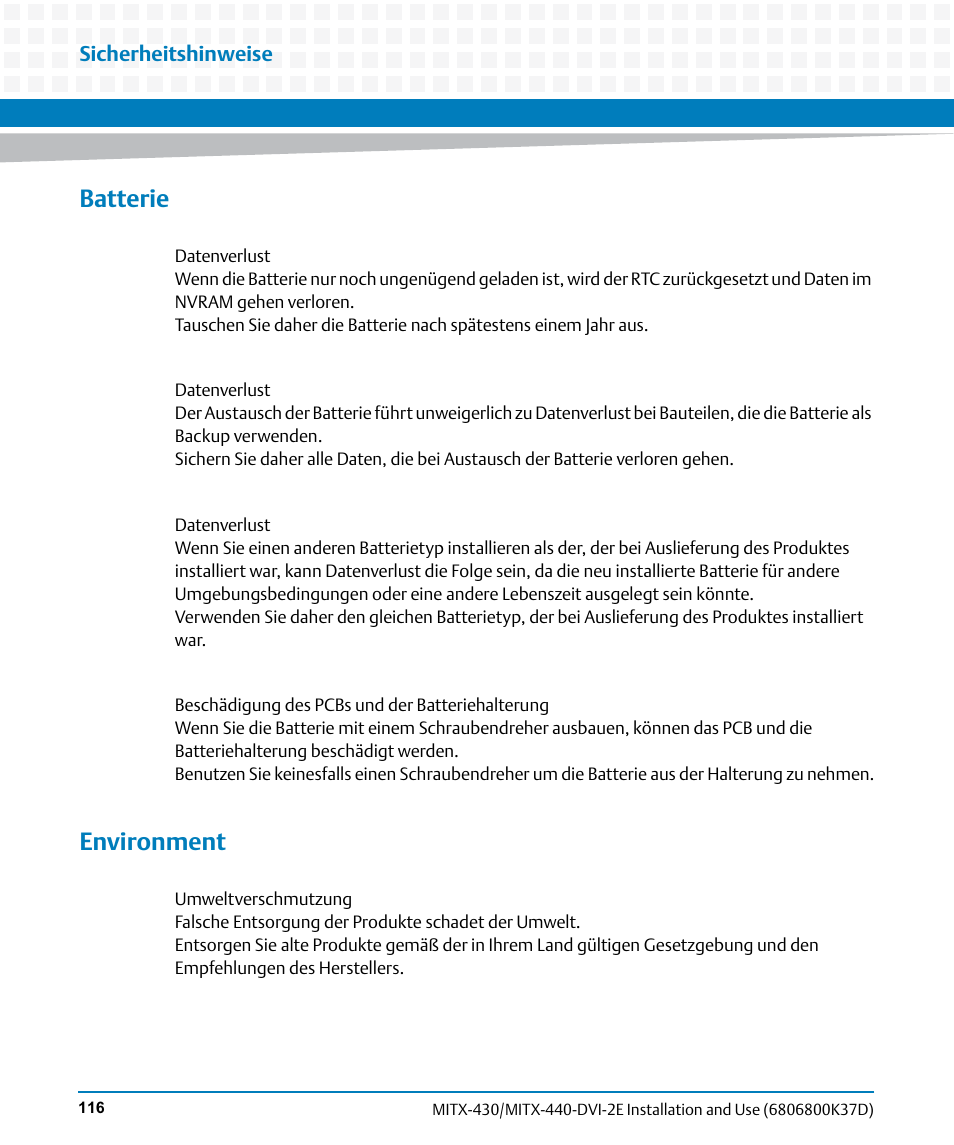 Batterie, Environment | Artesyn MITX-430/MITX-440-DVI-2E Installation and Use (August 2014) User Manual | Page 116 / 118