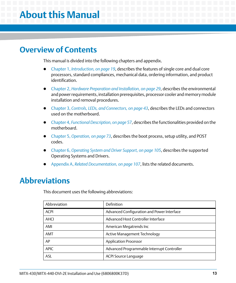About this manual, Overview of contents, Abbreviations | Artesyn MITX-430/MITX-440-DVI-2E Installation and Use (August 2014) User Manual | Page 13 / 118