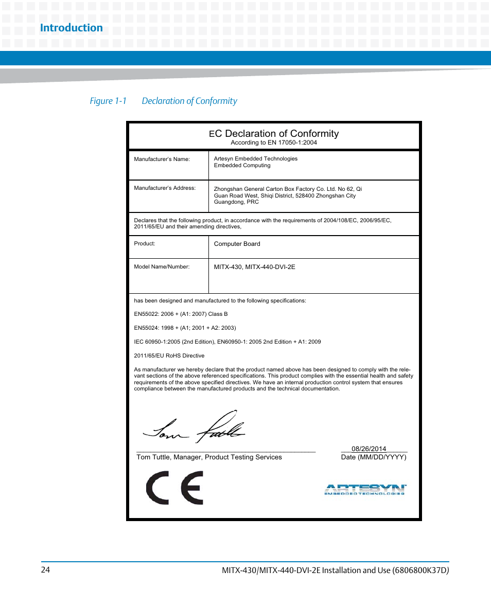 Figure 1-1, Declaration of conformity, Introduction | C declaration of conformity, Figure 1-1 declaration of conformity | Artesyn MITX-430/MITX-440-DVI-2E Installation and Use (August 2014) User Manual | Page 24 / 118