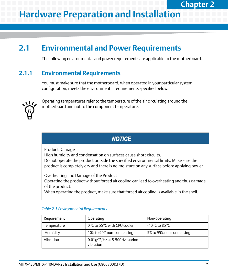 Hardware preparation and installation, 1 environmental and power requirements, 1 environmental requirements | Table 2-1, Environmental requirements, Chapter 2 | Artesyn MITX-430/MITX-440-DVI-2E Installation and Use (August 2014) User Manual | Page 29 / 118