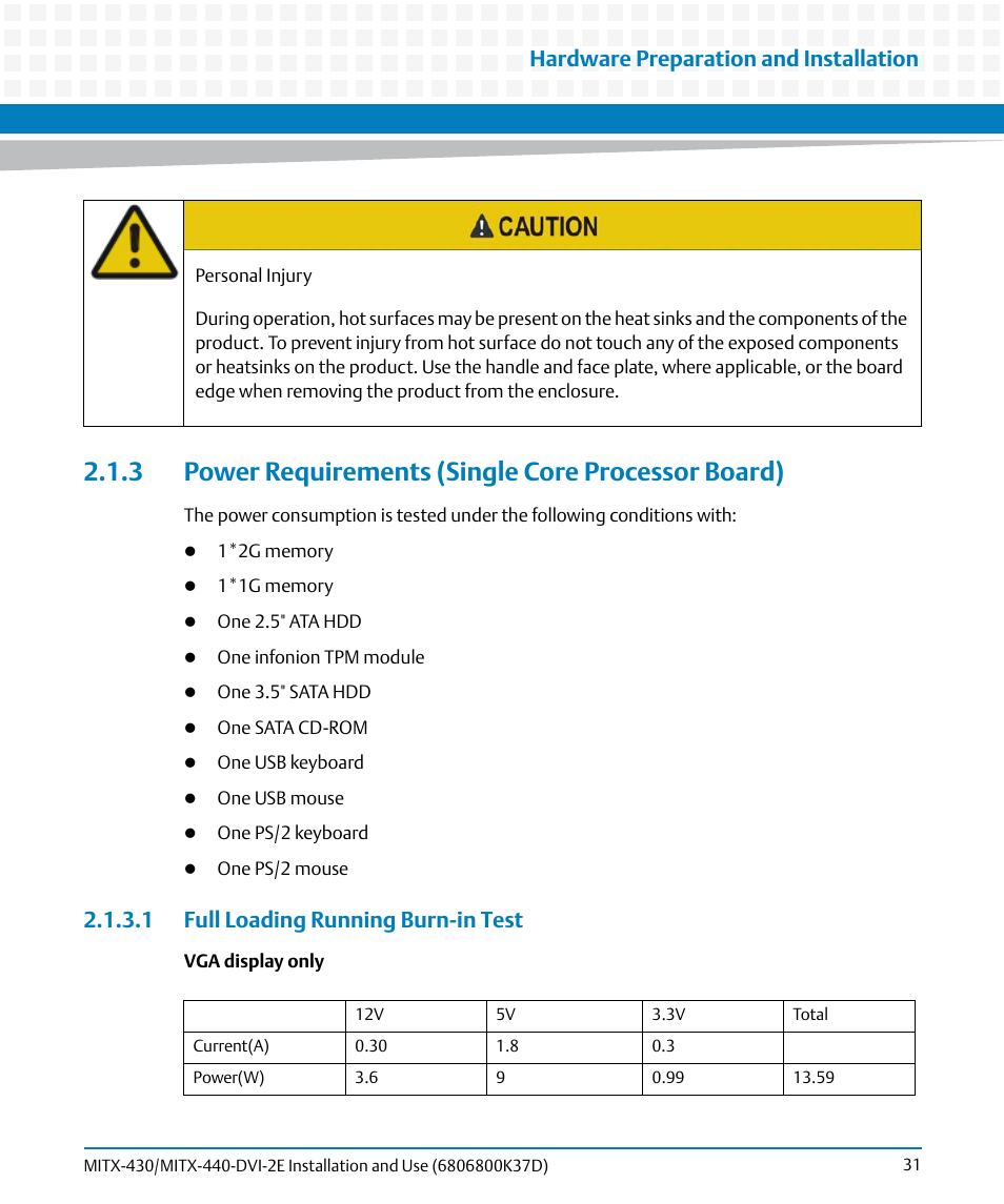 3 power requirements (single core processor board), 1 full loading running burn-in test, Hardware preparation and installation | Artesyn MITX-430/MITX-440-DVI-2E Installation and Use (August 2014) User Manual | Page 31 / 118
