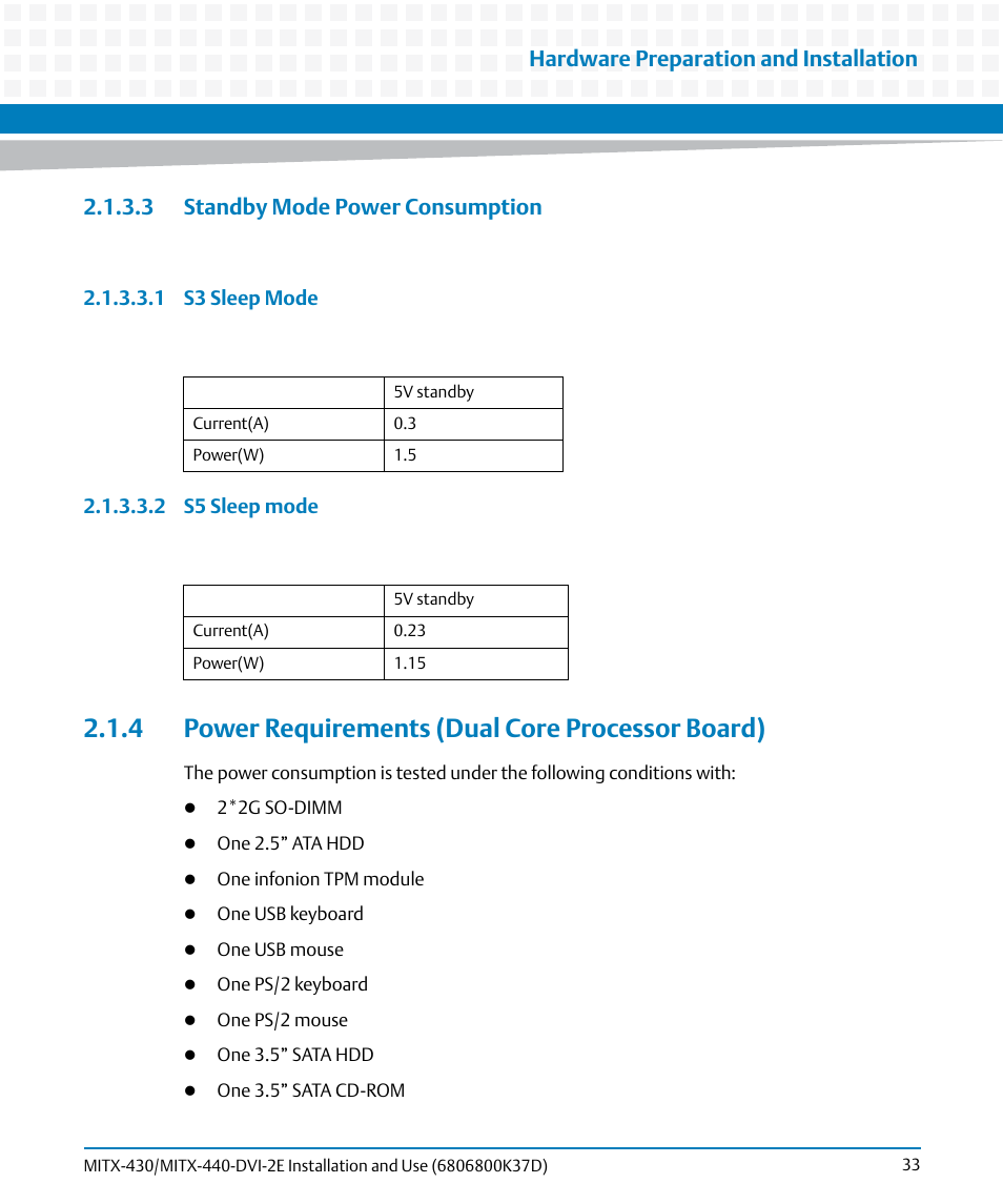 3 standby mode power consumption, 4 power requirements (dual core processor board), Hardware preparation and installation | Artesyn MITX-430/MITX-440-DVI-2E Installation and Use (August 2014) User Manual | Page 33 / 118