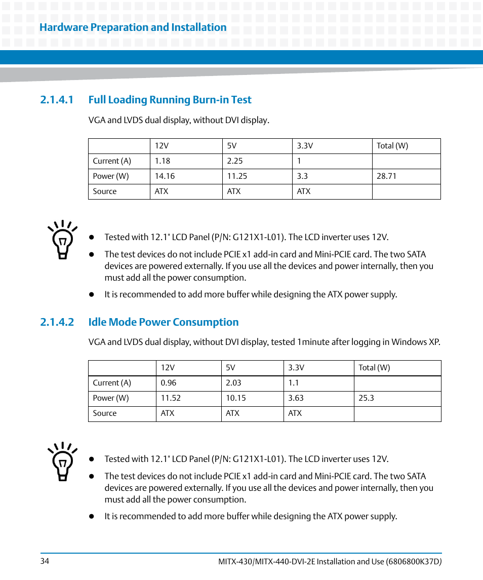 1 full loading running burn-in test, 2 idle mode power consumption, Hardware preparation and installation | Artesyn MITX-430/MITX-440-DVI-2E Installation and Use (August 2014) User Manual | Page 34 / 118