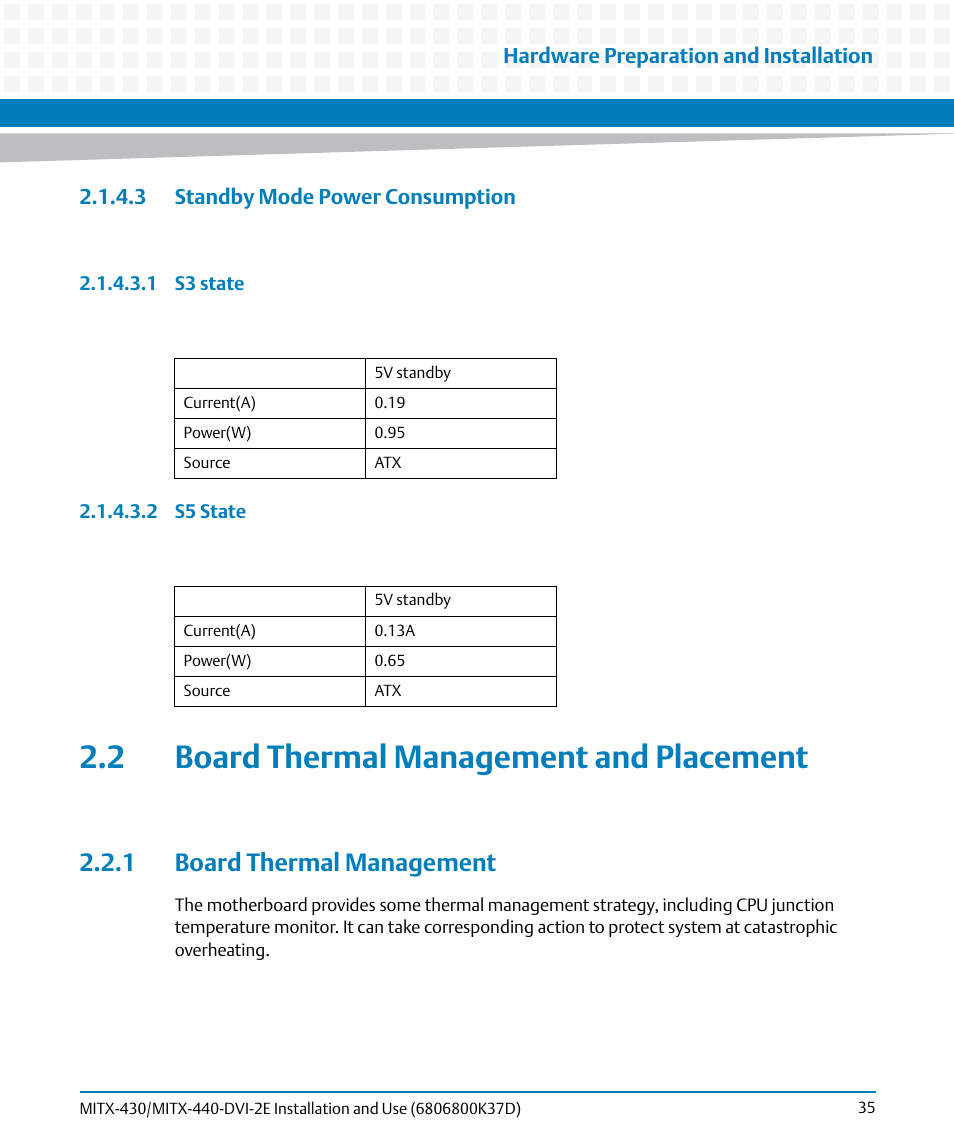 3 standby mode power consumption, 2 board thermal management and placement, 1 board thermal management | Artesyn MITX-430/MITX-440-DVI-2E Installation and Use (August 2014) User Manual | Page 35 / 118