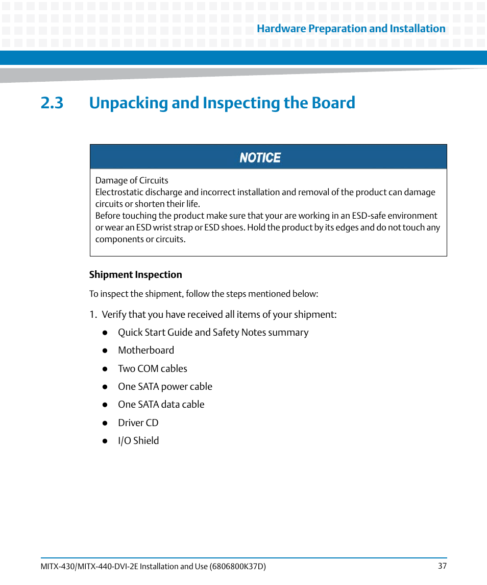 3 unpacking and inspecting the board | Artesyn MITX-430/MITX-440-DVI-2E Installation and Use (August 2014) User Manual | Page 37 / 118