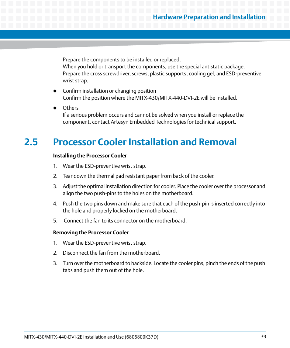 5 processor cooler installation and removal | Artesyn MITX-430/MITX-440-DVI-2E Installation and Use (August 2014) User Manual | Page 39 / 118