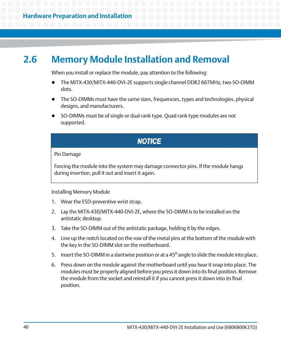 6 memory module installation and removal | Artesyn MITX-430/MITX-440-DVI-2E Installation and Use (August 2014) User Manual | Page 40 / 118