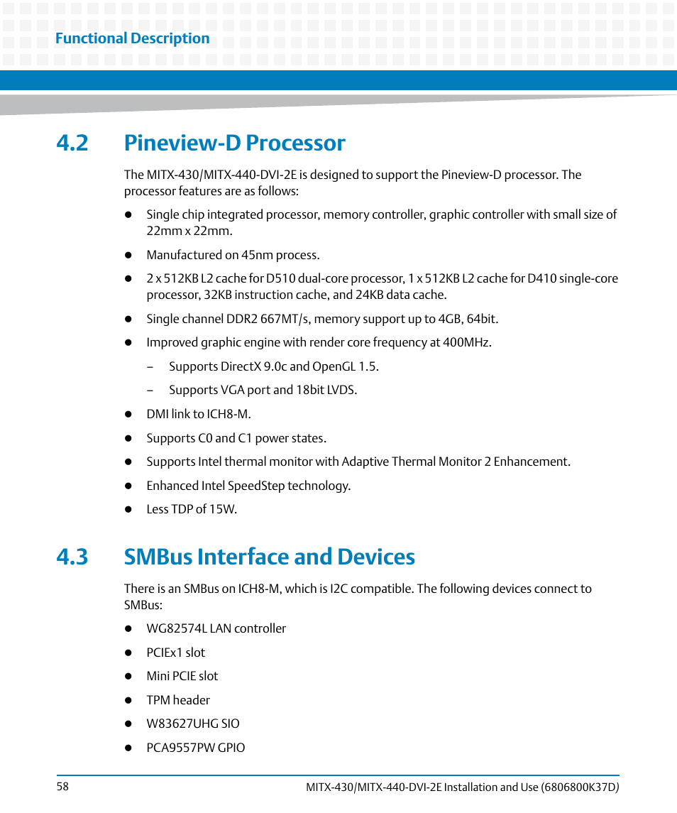 2 pineview-d processor, 3 smbus interface and devices, Functional description | Artesyn MITX-430/MITX-440-DVI-2E Installation and Use (August 2014) User Manual | Page 58 / 118