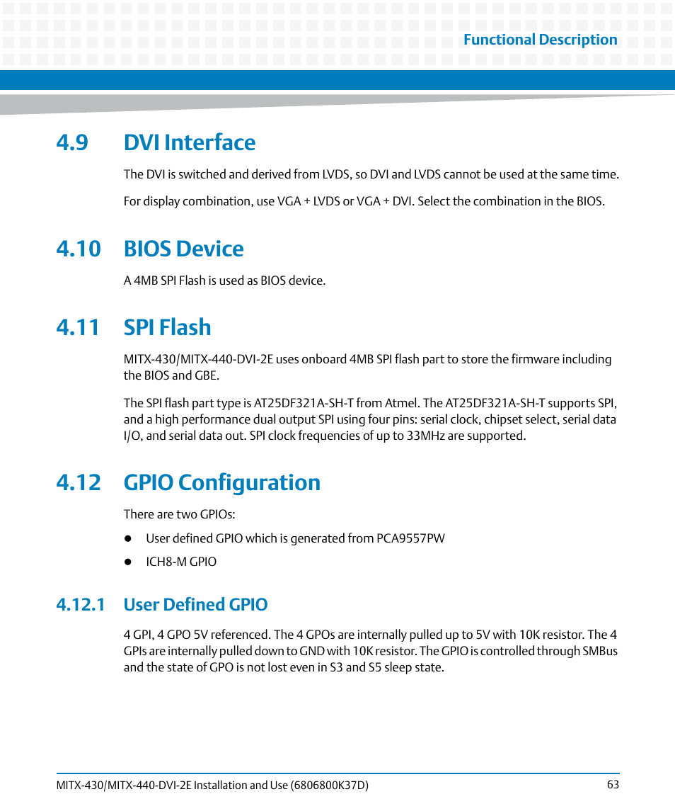 9 dvi interface, 10 bios device, 11 spi flash | 12 gpio configuration, 1 user defined gpio | Artesyn MITX-430/MITX-440-DVI-2E Installation and Use (August 2014) User Manual | Page 63 / 118