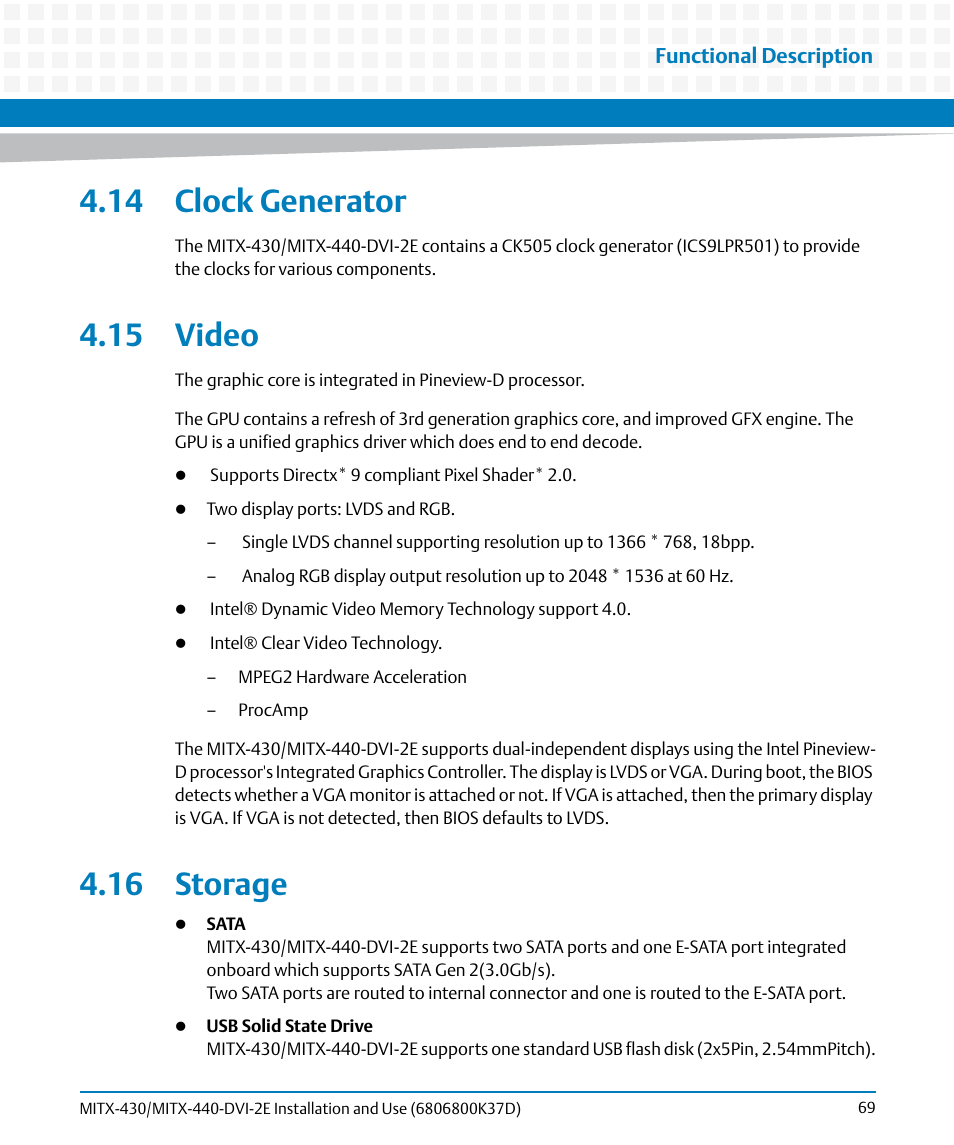 14 clock generator, 15 video, 16 storage | 14 clock generator 4.15 video 4.16 storage | Artesyn MITX-430/MITX-440-DVI-2E Installation and Use (August 2014) User Manual | Page 69 / 118