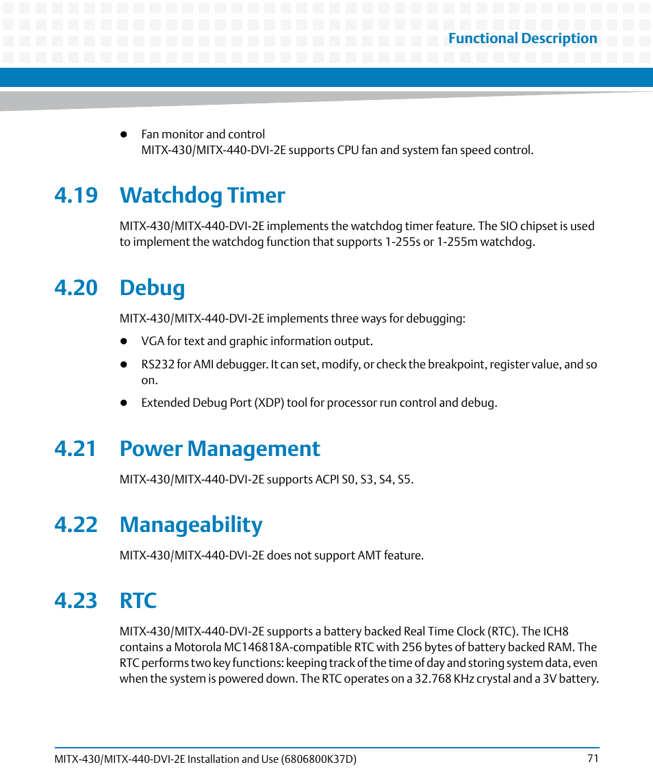 19 watchdog timer, 20 debug, 21 power management | 22 manageability, 23 rtc | Artesyn MITX-430/MITX-440-DVI-2E Installation and Use (August 2014) User Manual | Page 71 / 118