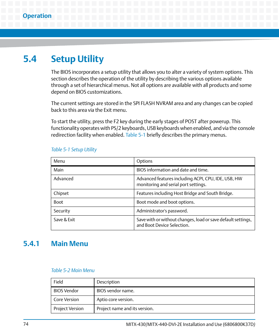 4 setup utility, 1 main menu, Table 5-1 | Setup utility, Table 5-2, Main menu, Operation | Artesyn MITX-430/MITX-440-DVI-2E Installation and Use (August 2014) User Manual | Page 74 / 118