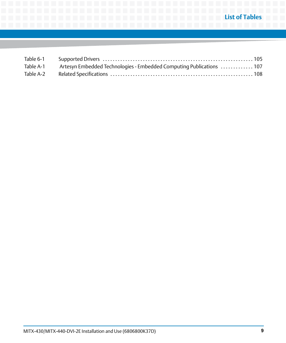 List of tables | Artesyn MITX-430/MITX-440-DVI-2E Installation and Use (August 2014) User Manual | Page 9 / 118