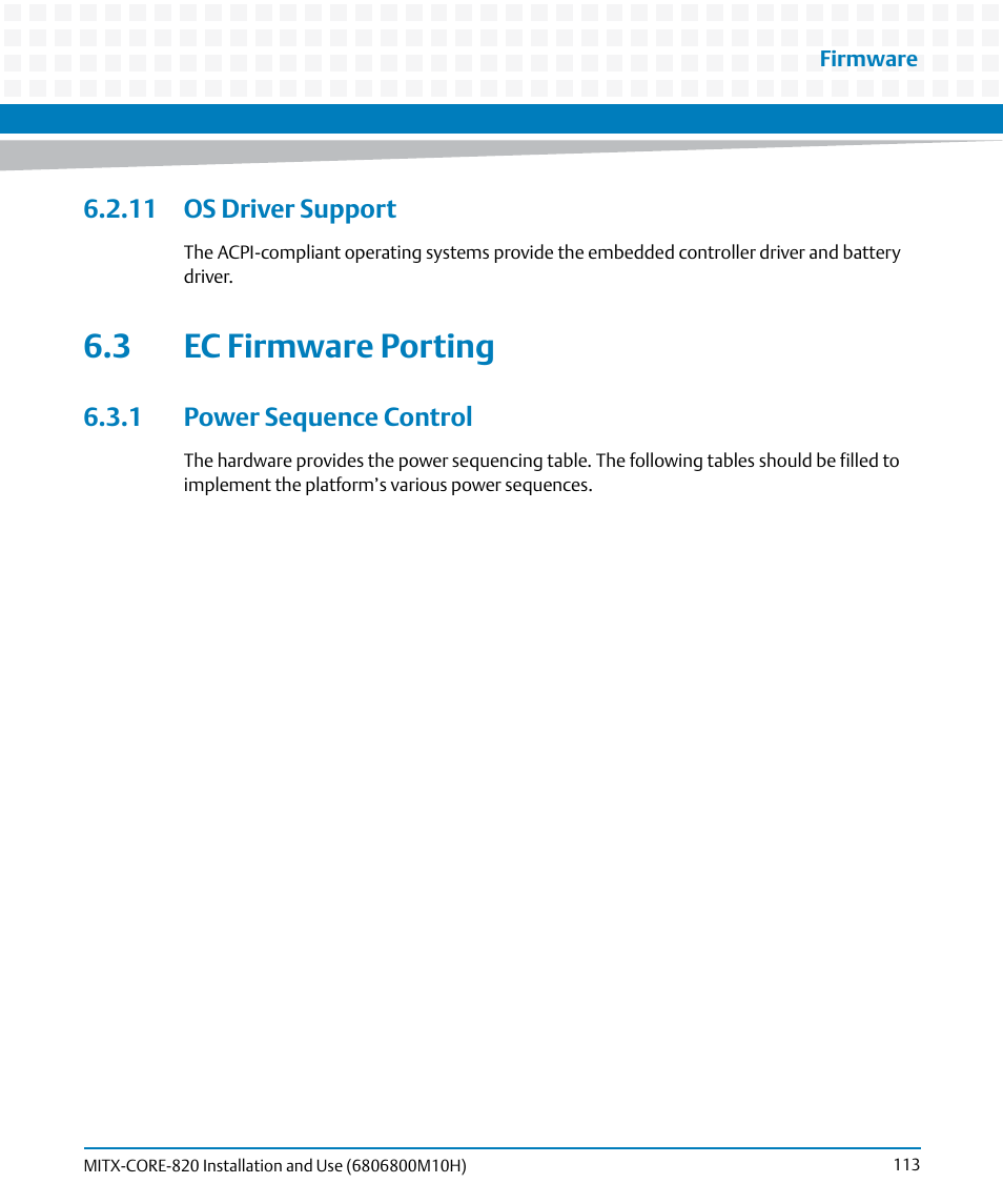 11 os driver support, 3 ec firmware porting, 1 power sequence control | Artesyn MITX-CORE-820 Installation and Use (July 2014) User Manual | Page 113 / 132