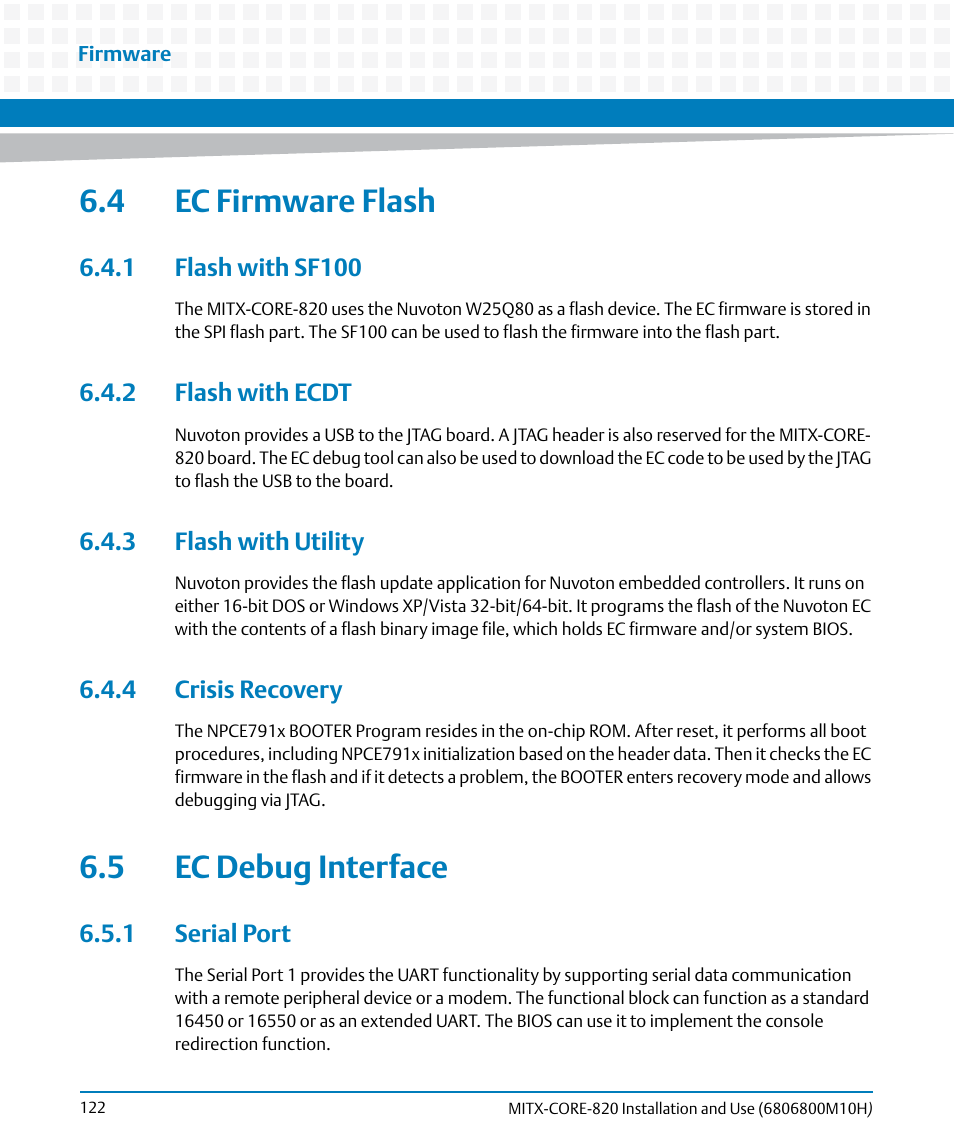 4 ec firmware flash, 1 flash with sf100, 2 flash with ecdt | 3 flash with utility, 4 crisis recovery, 5 ec debug interface, 1 serial port | Artesyn MITX-CORE-820 Installation and Use (July 2014) User Manual | Page 122 / 132