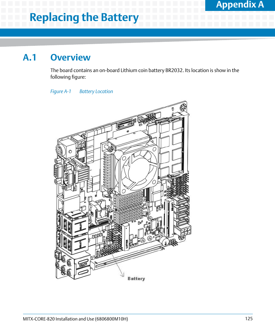 A replacing the battery, A.1 overview, Figure a-1 | Battery location, Replacing the battery, Appendix a | Artesyn MITX-CORE-820 Installation and Use (July 2014) User Manual | Page 125 / 132