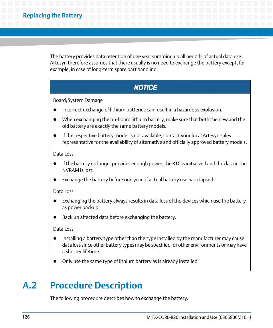 A.2 procedure description, Replacing the battery | Artesyn MITX-CORE-820 Installation and Use (July 2014) User Manual | Page 126 / 132