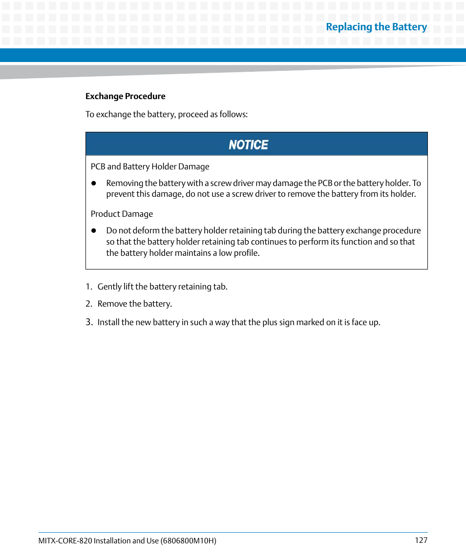 Replacing the battery | Artesyn MITX-CORE-820 Installation and Use (July 2014) User Manual | Page 127 / 132