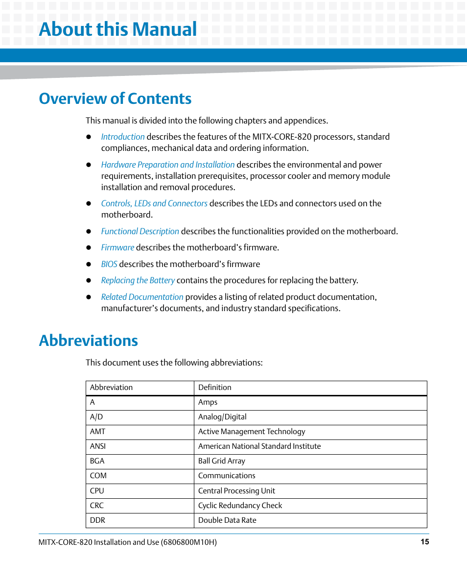 About this manual, Overview of contents, Abbreviations | Artesyn MITX-CORE-820 Installation and Use (July 2014) User Manual | Page 15 / 132