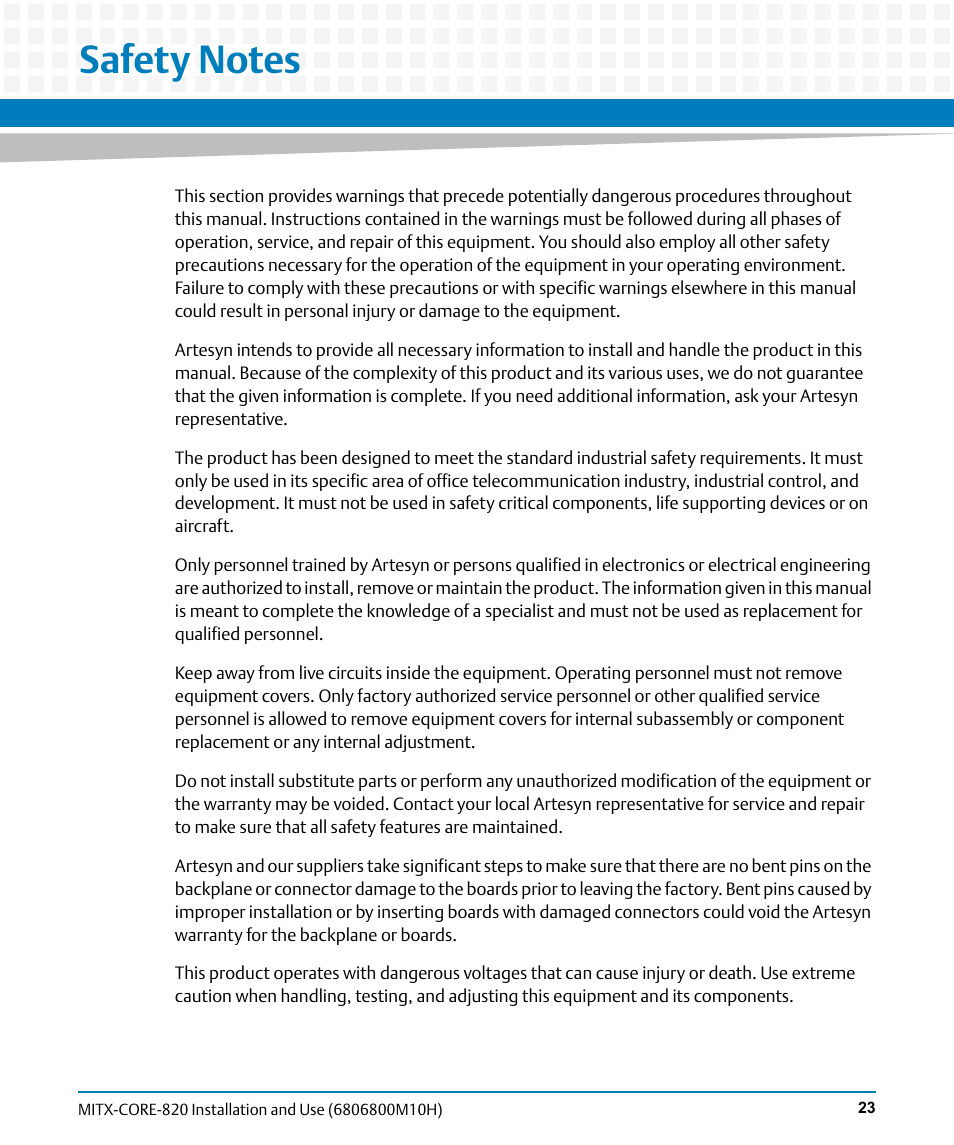 Safety notes | Artesyn MITX-CORE-820 Installation and Use (July 2014) User Manual | Page 23 / 132