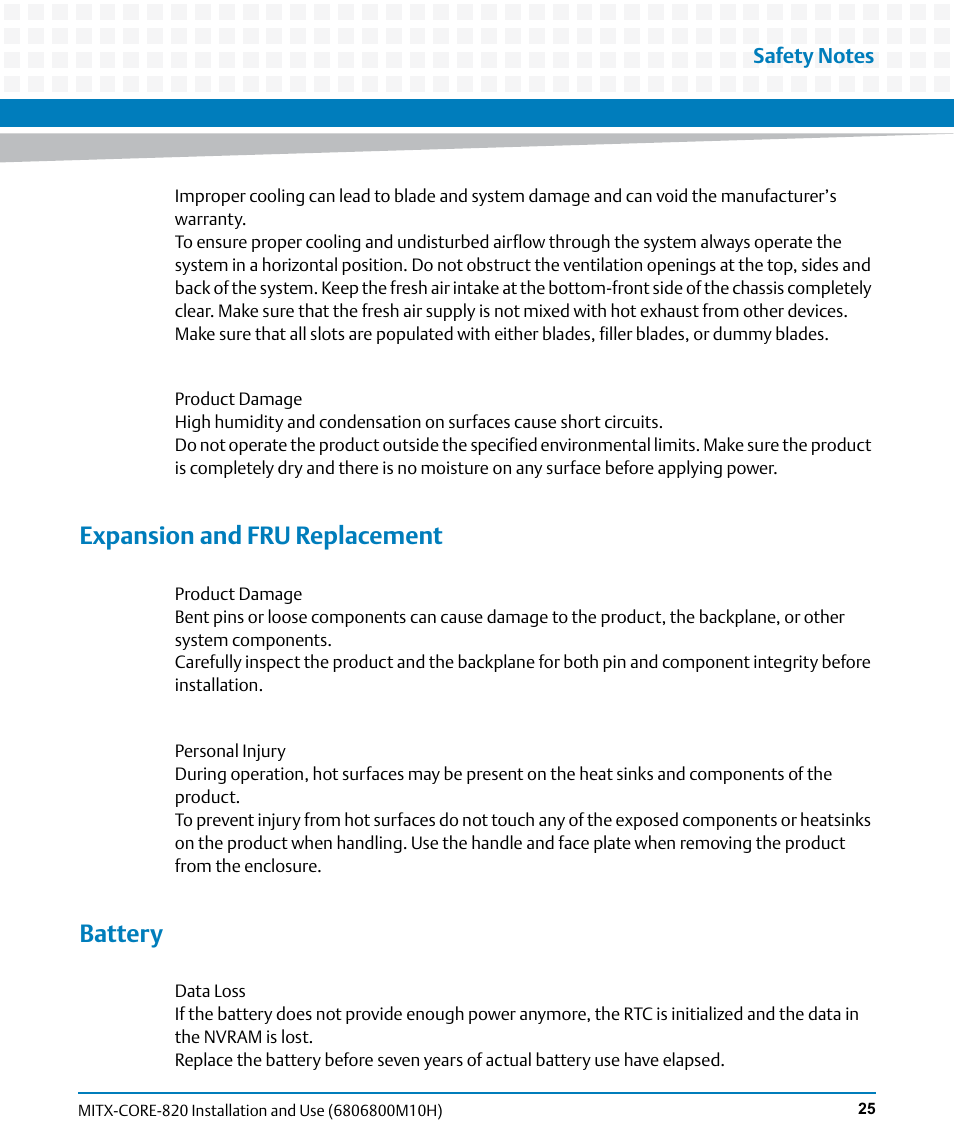 Expansion and fru replacement, Battery | Artesyn MITX-CORE-820 Installation and Use (July 2014) User Manual | Page 25 / 132