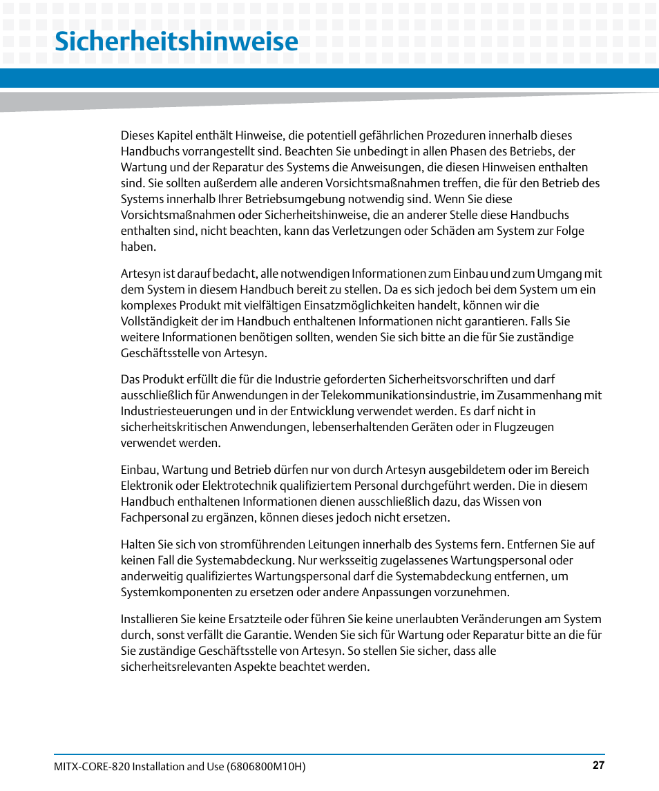 Sicherheitshinweise | Artesyn MITX-CORE-820 Installation and Use (July 2014) User Manual | Page 27 / 132