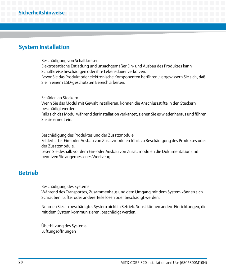 System installation, Betrieb | Artesyn MITX-CORE-820 Installation and Use (July 2014) User Manual | Page 28 / 132