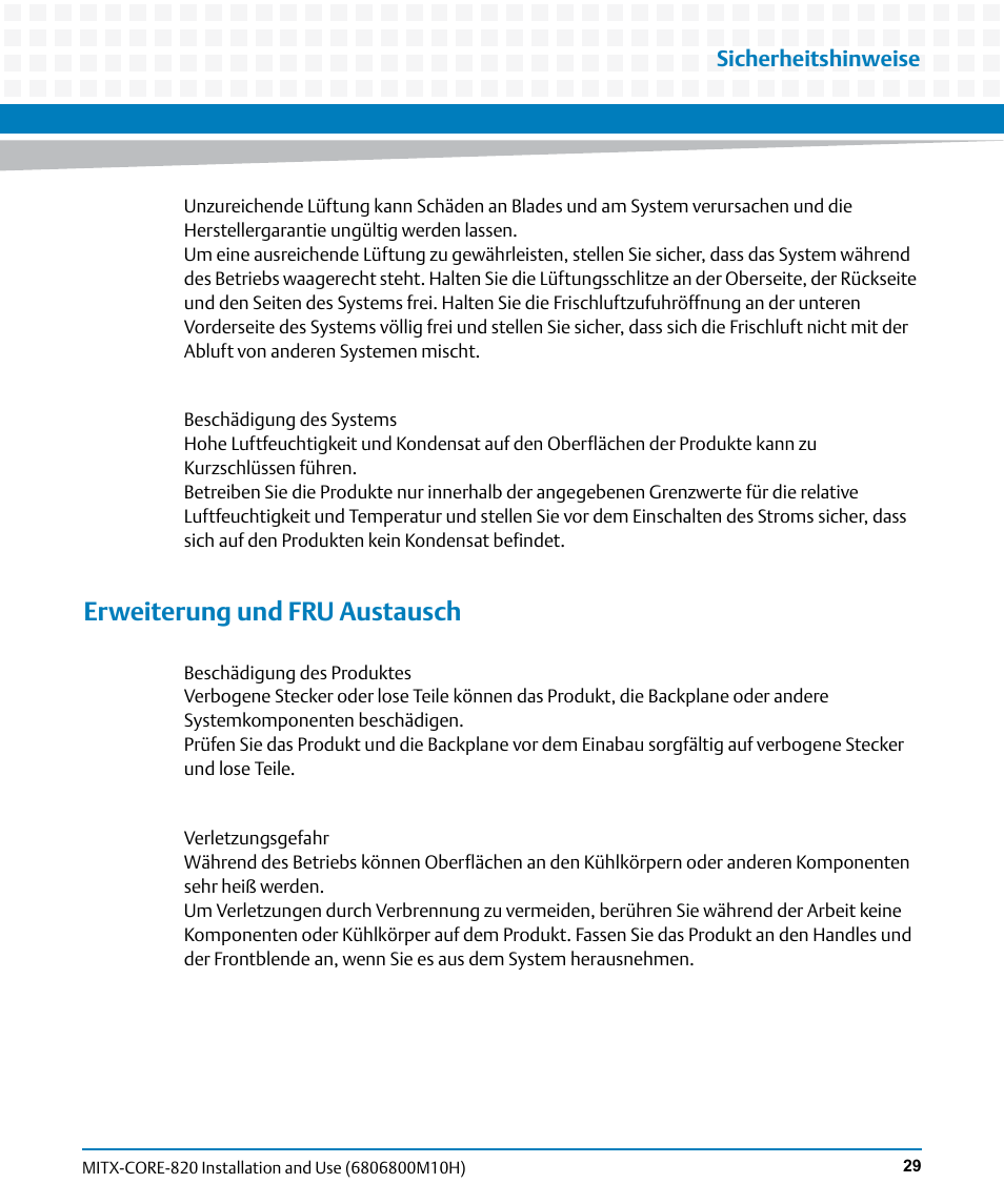 Erweiterung und fru austausch | Artesyn MITX-CORE-820 Installation and Use (July 2014) User Manual | Page 29 / 132