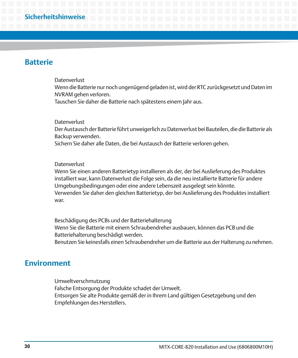 Batterie, Environment | Artesyn MITX-CORE-820 Installation and Use (July 2014) User Manual | Page 30 / 132