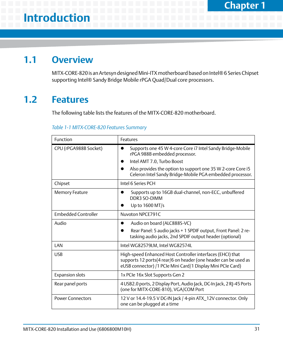 Introduction, 1 overview, 2 features | 1 overview 1.2 features, Table 1-1, Mitx-core-820 features summary, Table "mitx-core-820 features, Chapter 1 | Artesyn MITX-CORE-820 Installation and Use (July 2014) User Manual | Page 31 / 132