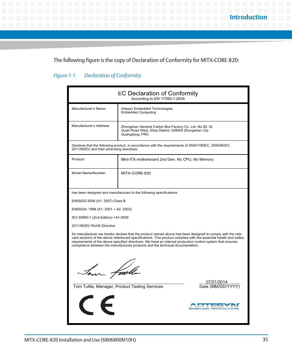 Figure 1-1, Declaration of conformity, Introduction | C declaration of conformity | Artesyn MITX-CORE-820 Installation and Use (July 2014) User Manual | Page 35 / 132
