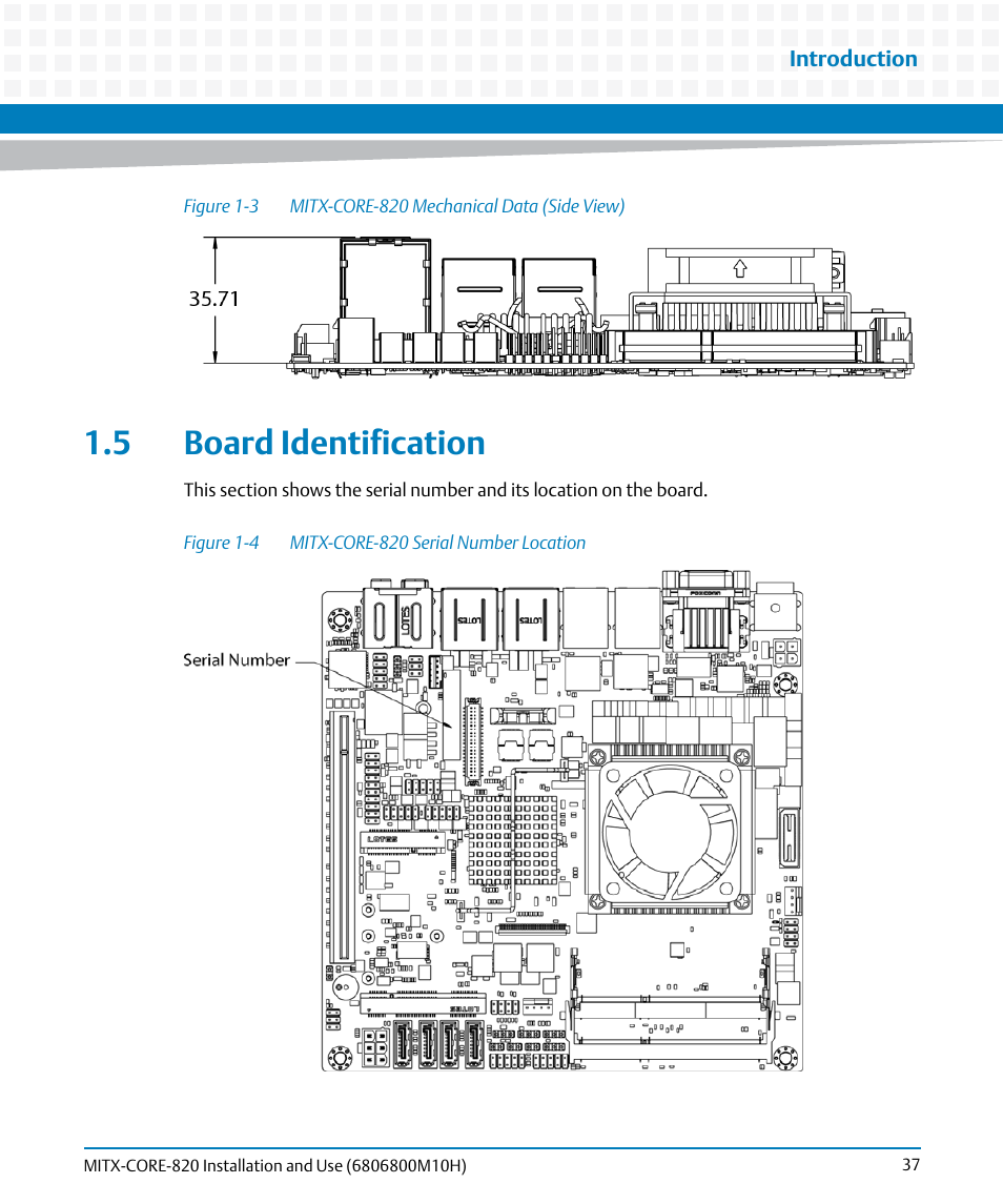 5 board identification, Figure 1-3, Mitx-core-820 mechanical data (side view) | Figure 1-4, Mitx-core-820 serial number location | Artesyn MITX-CORE-820 Installation and Use (July 2014) User Manual | Page 37 / 132