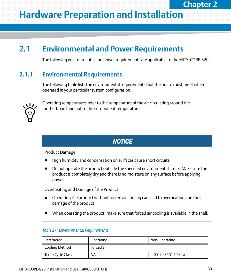 Hardware preparation and installation, 1 environmental and power requirements, 1 environmental requirements | Table 2-1, Environmental requirements, Table "environmental, Chapter 2 | Artesyn MITX-CORE-820 Installation and Use (July 2014) User Manual | Page 39 / 132