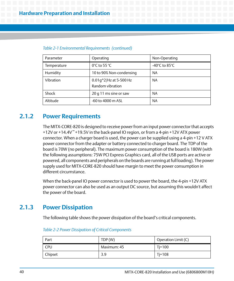 2 power requirements, 3 power dissipation, 2 power requirements 2.1.3 power dissipation | Table 2-2, Power dissipation of critical components, Table "power dissipation of critical, Hardware preparation and installation | Artesyn MITX-CORE-820 Installation and Use (July 2014) User Manual | Page 40 / 132