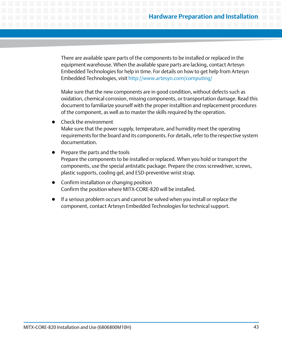 Hardware preparation and installation | Artesyn MITX-CORE-820 Installation and Use (July 2014) User Manual | Page 43 / 132