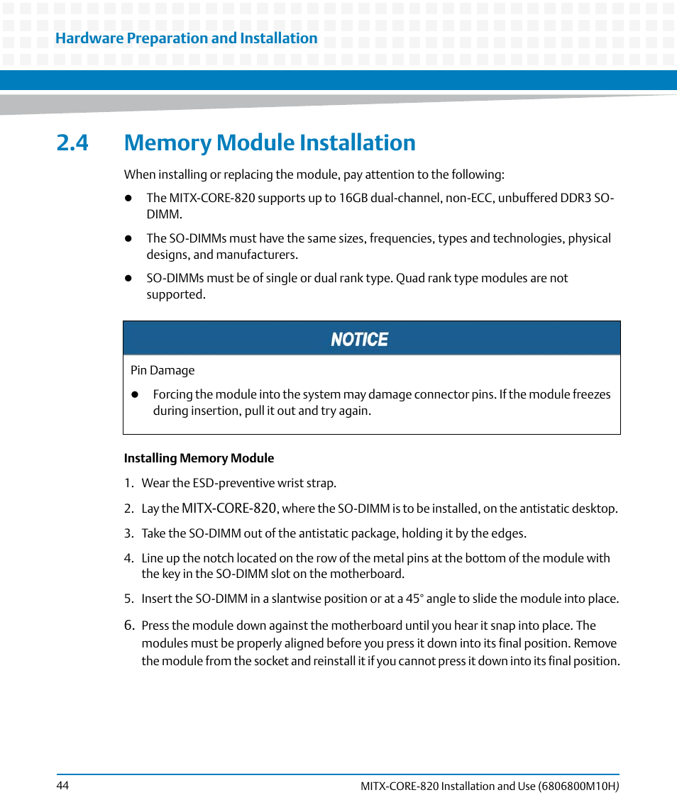4 memory module installation | Artesyn MITX-CORE-820 Installation and Use (July 2014) User Manual | Page 44 / 132