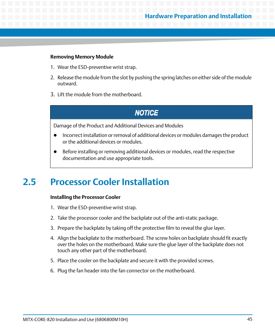 5 processor cooler installation | Artesyn MITX-CORE-820 Installation and Use (July 2014) User Manual | Page 45 / 132