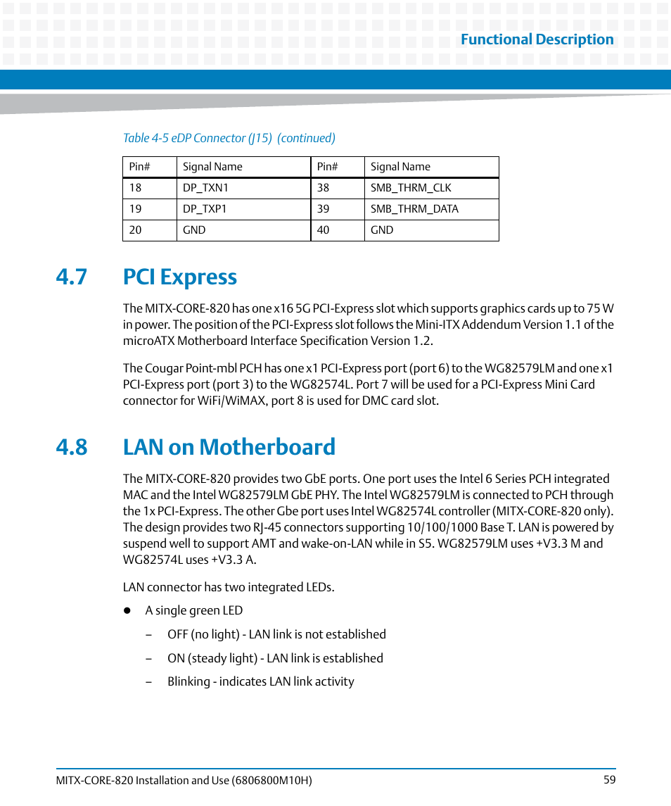 7 pci express, 8 lan on motherboard, 7 pci express 4.8 lan on motherboard | Artesyn MITX-CORE-820 Installation and Use (July 2014) User Manual | Page 59 / 132