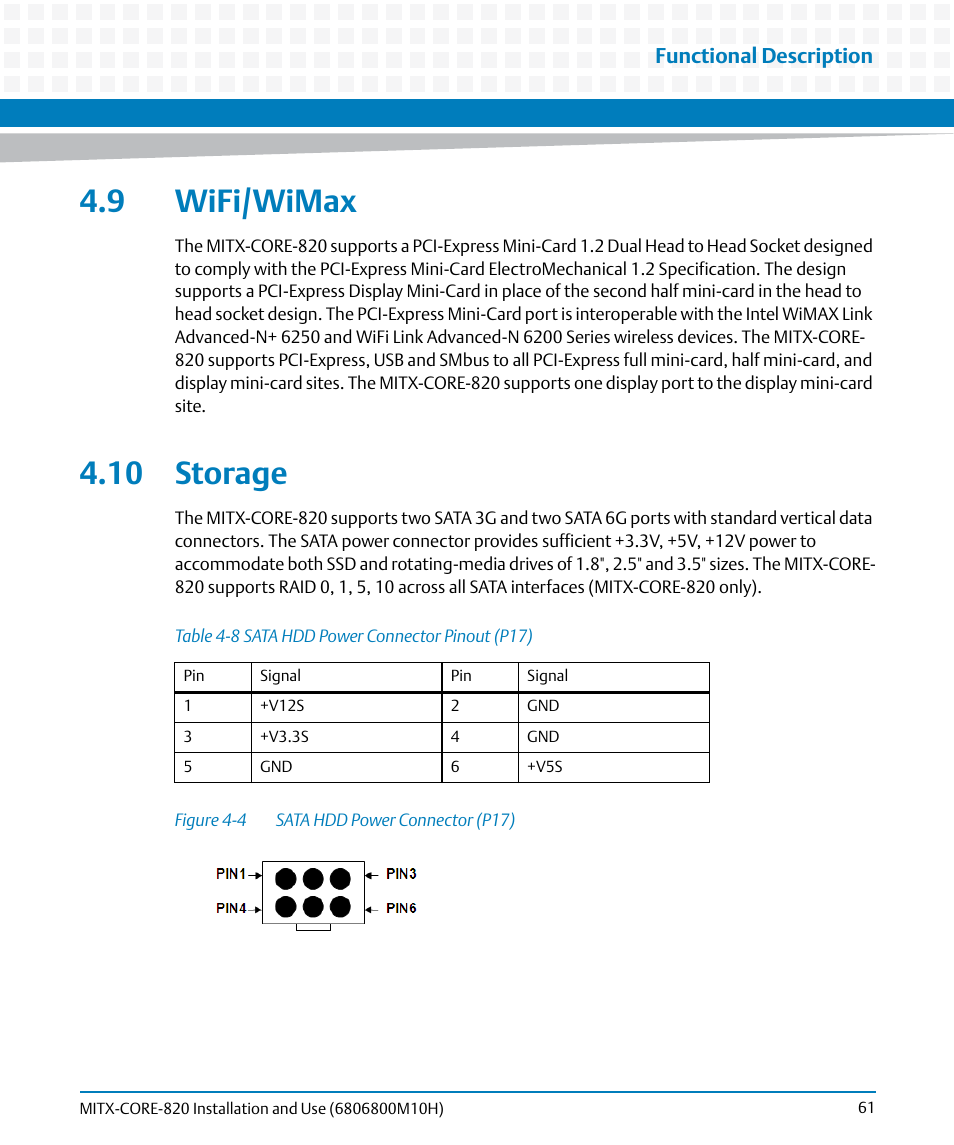 9 wifi/wimax, 10 storage, 9 wifi/wimax 4.10 storage | Table 4-8, Sata hdd power connector pinout (p17), Figure 4-4, Sata hdd power connector (p17), Functional description | Artesyn MITX-CORE-820 Installation and Use (July 2014) User Manual | Page 61 / 132