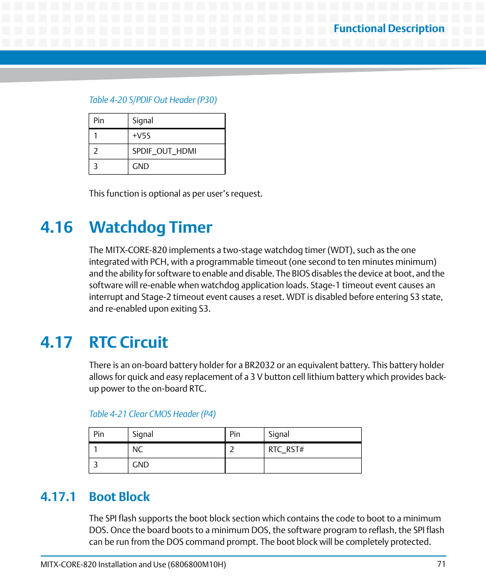 16 watchdog timer, 17 rtc circuit, 1 boot block | 16 watchdog timer 4.17 rtc circuit, Table 4-20, S/pdif out header (p30), Table 4-21, Clear cmos header (p4), Functional description | Artesyn MITX-CORE-820 Installation and Use (July 2014) User Manual | Page 71 / 132
