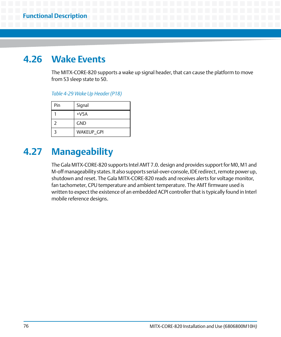 26 wake events, 27 manageability, 26 wake events 4.27 manageability | Table 4-29, Wake up header (p18) | Artesyn MITX-CORE-820 Installation and Use (July 2014) User Manual | Page 76 / 132