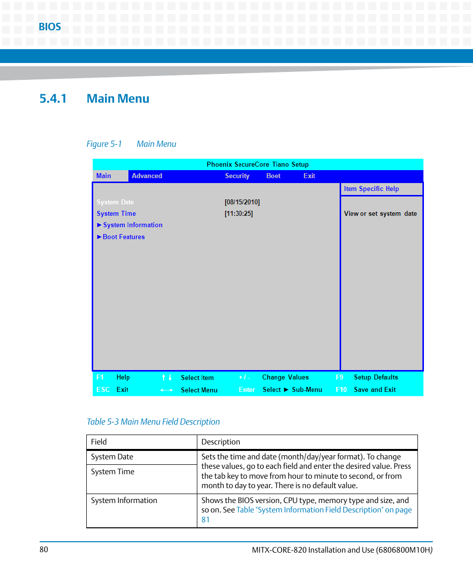 1 main menu, Table 5-3, Main menu field description | Figure 5-1, Main menu, Bios | Artesyn MITX-CORE-820 Installation and Use (July 2014) User Manual | Page 80 / 132