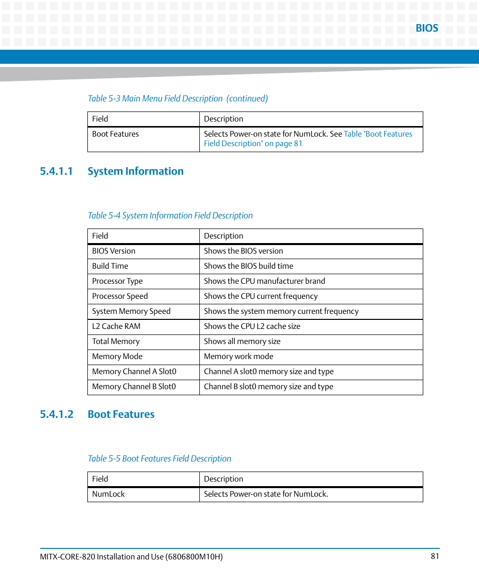 1 system information, 2 boot features, 1 system information 5.4.1.2 boot features | Table 5-4, System information field description, Table 5-5, Boot features field description, Bios | Artesyn MITX-CORE-820 Installation and Use (July 2014) User Manual | Page 81 / 132