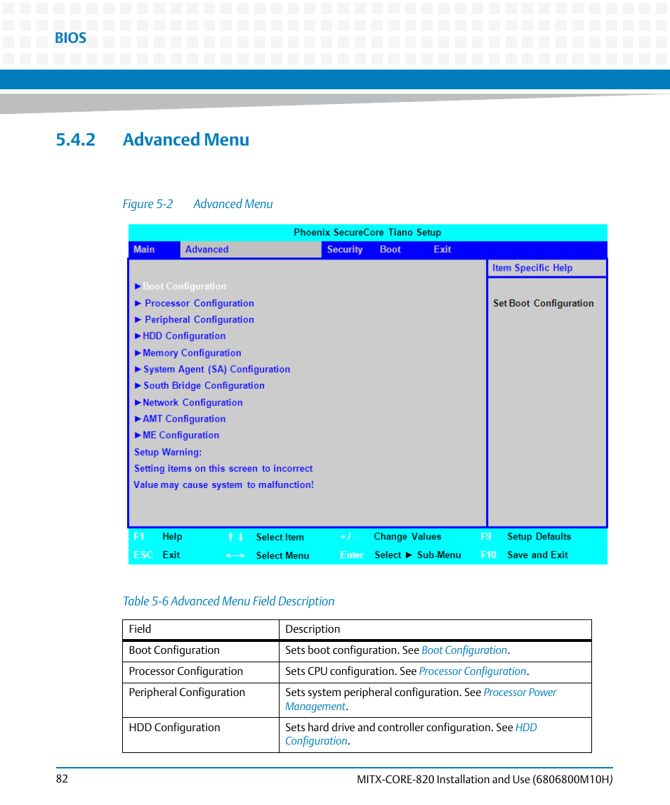 2 advanced menu, Table 5-6, Advanced menu field description | Figure 5-2, Advanced menu, Bios | Artesyn MITX-CORE-820 Installation and Use (July 2014) User Manual | Page 82 / 132