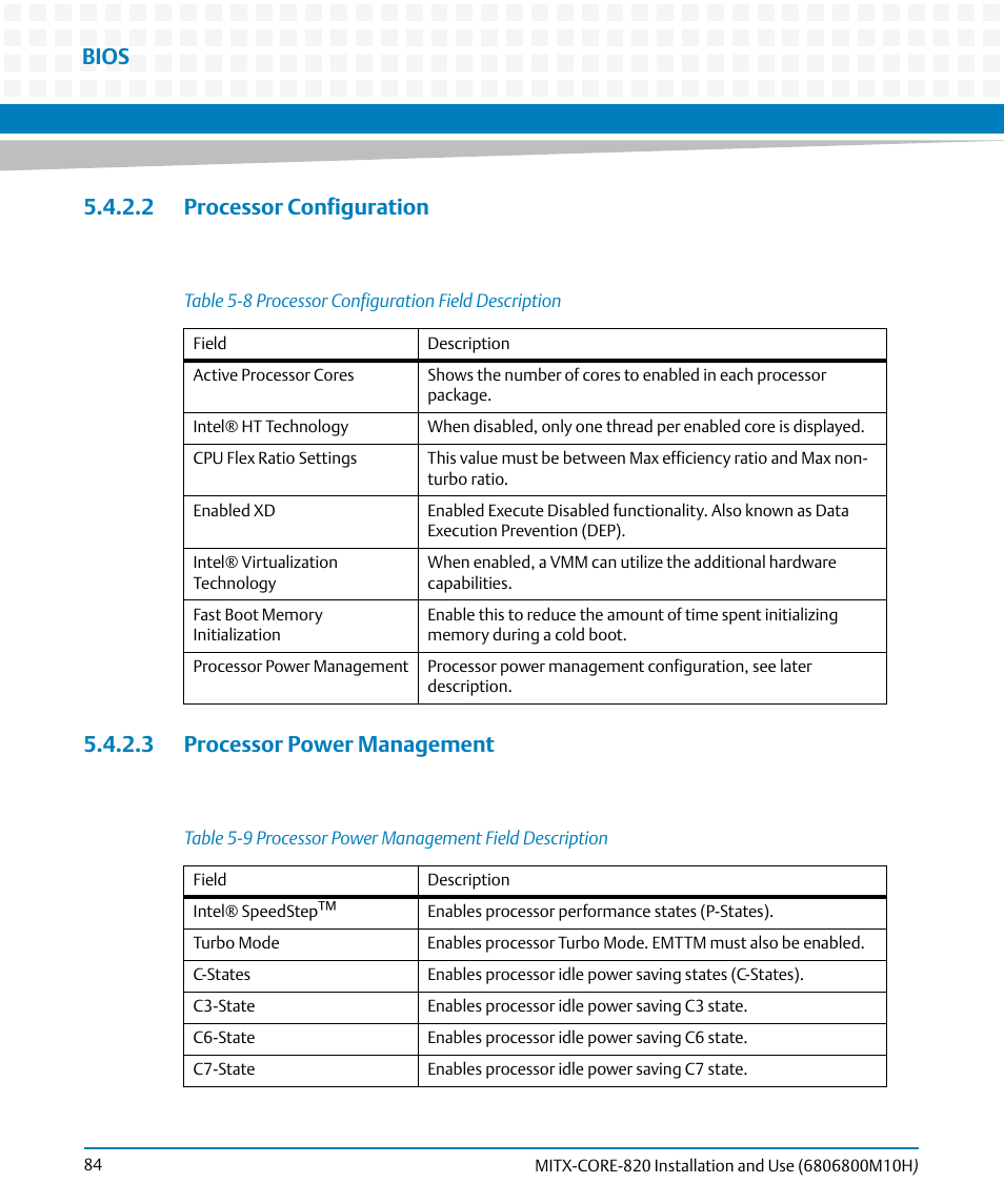 2 processor configuration, 3 processor power management, Table 5-8 | Processor configuration field description, Table 5-9, Processor power management field description, Processor configuration, Processor power, Management, Bios | Artesyn MITX-CORE-820 Installation and Use (July 2014) User Manual | Page 84 / 132