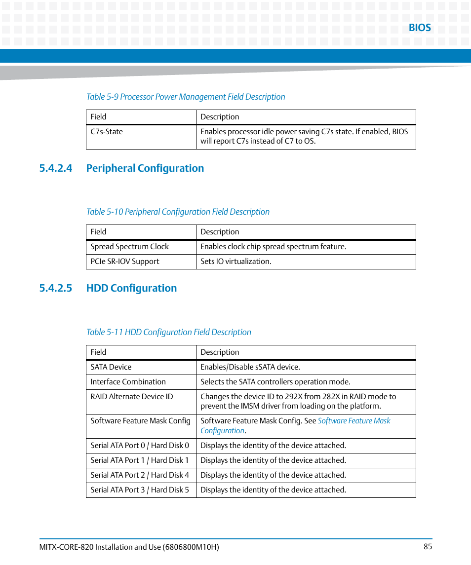 4 peripheral configuration, 5 hdd configuration, Table 5-10 | Peripheral configuration field description, Table 5-11, Hdd configuration field description, Configuration, Bios | Artesyn MITX-CORE-820 Installation and Use (July 2014) User Manual | Page 85 / 132