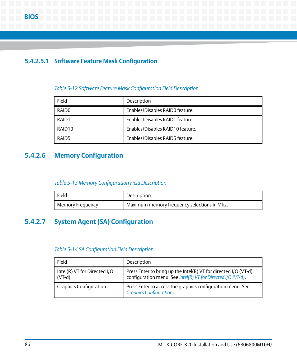 6 memory configuration, 7 system agent (sa) configuration, Table 5-12 | Table 5-13, Memory configuration field description, Table 5-14, Sa configuration field description, Memory configuration, System agent (sa) configuration, Bios | Artesyn MITX-CORE-820 Installation and Use (July 2014) User Manual | Page 86 / 132