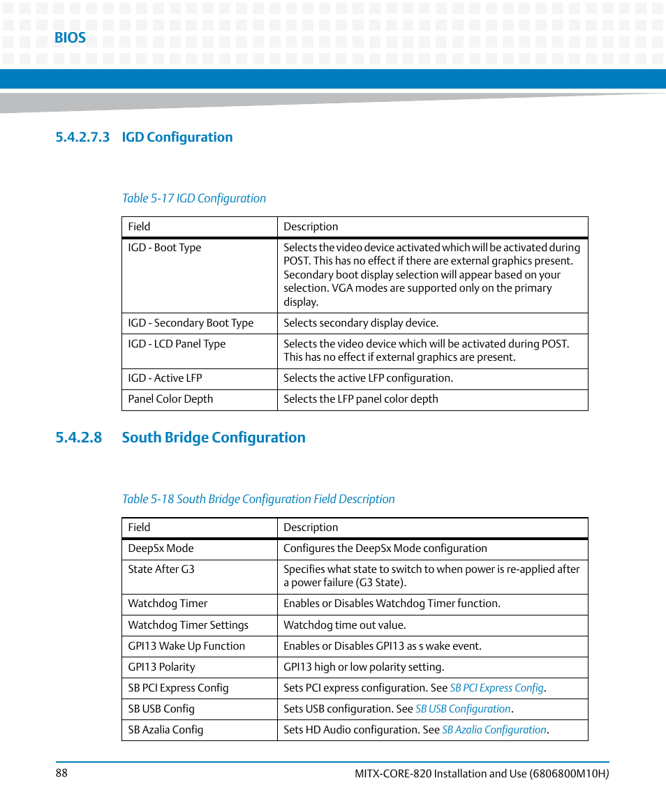 8 south bridge configuration, Table 5-17, Igd configuration | Table 5-18, South bridge configuration field description, South bridge configuration, Bios | Artesyn MITX-CORE-820 Installation and Use (July 2014) User Manual | Page 88 / 132