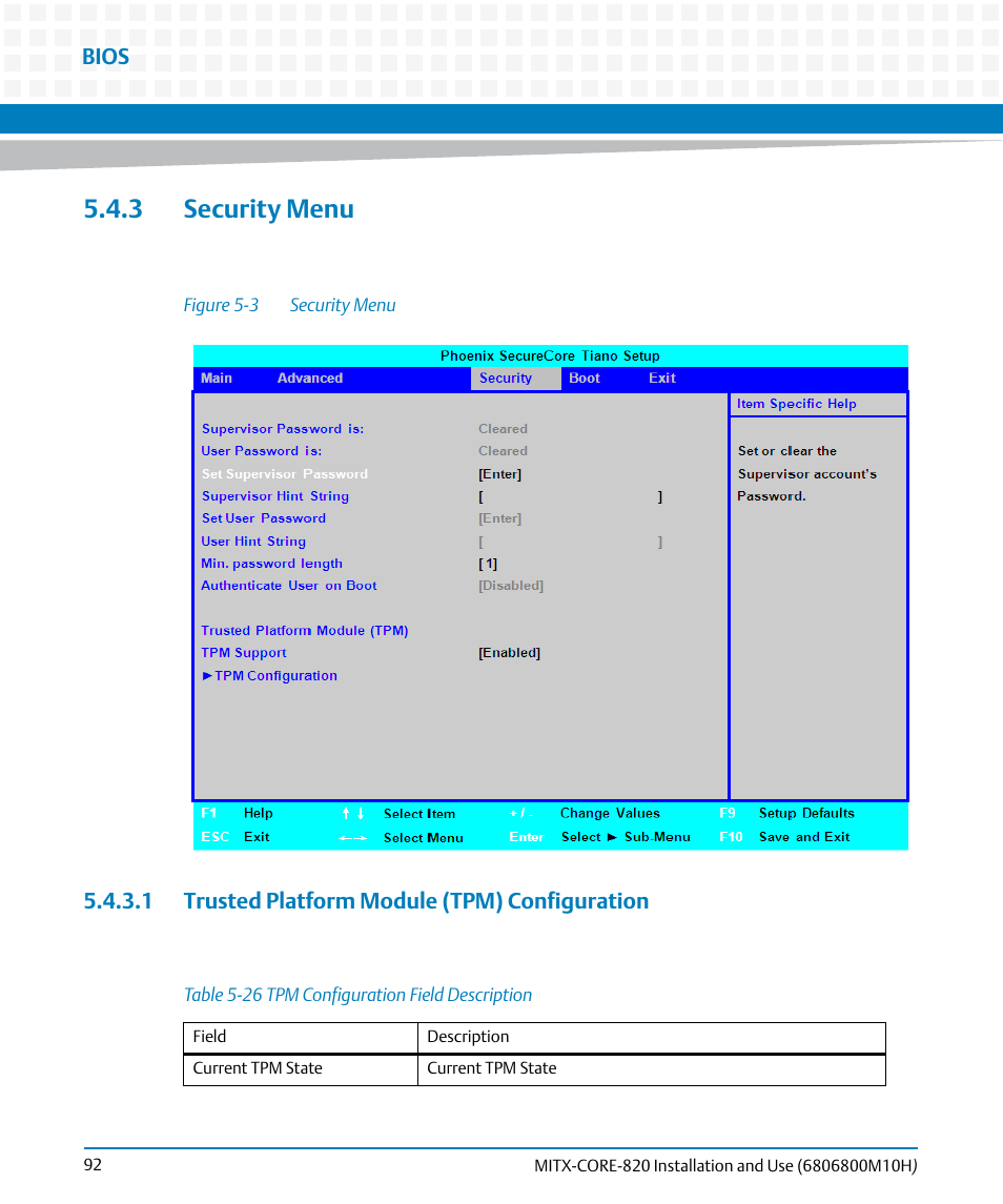 3 security menu, 1 trusted platform module (tpm) configuration, Table 5-26 | Tpm configuration field description, Figure 5-3, Security menu | Artesyn MITX-CORE-820 Installation and Use (July 2014) User Manual | Page 92 / 132