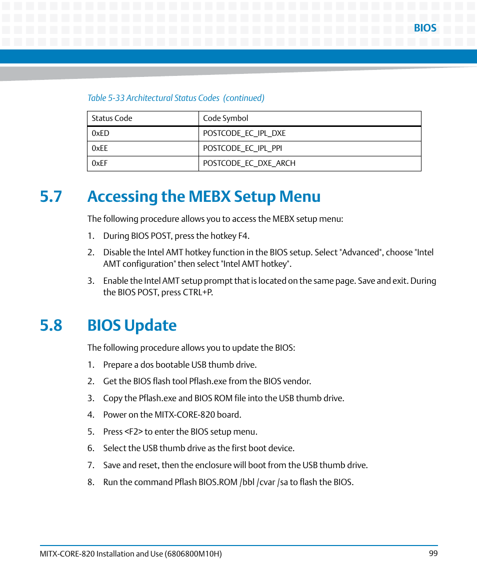 7 accessing the mebx setup menu, 8 bios update, 7 accessing the mebx setup menu 5.8 bios update | Accessing the mebx setup menu, Bios update | Artesyn MITX-CORE-820 Installation and Use (July 2014) User Manual | Page 99 / 132